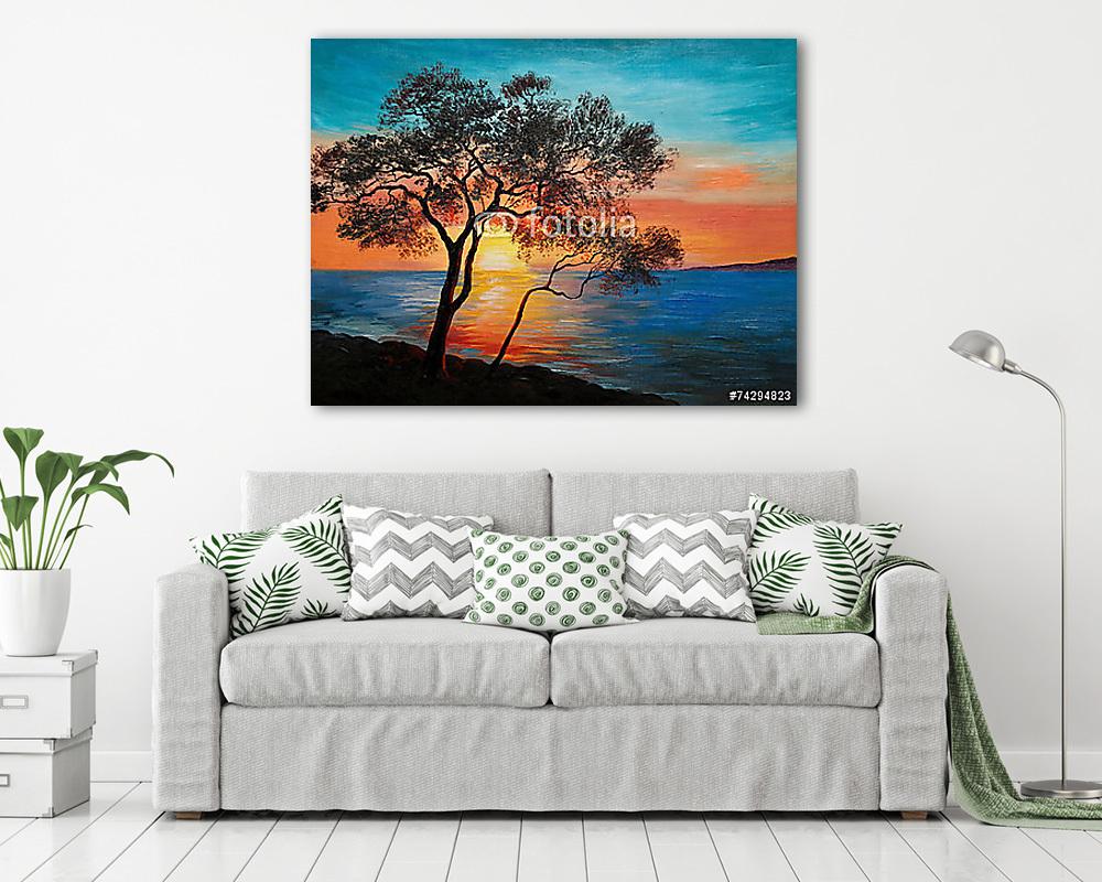 Naplemente fa mögött (olajfestmény reprodukció) - vászonkép, falikép vásárlás Naplemente fa mögött (olajfestmény reprodukció) (vászonkép) - vászonkép, falikép otthonra és irodába