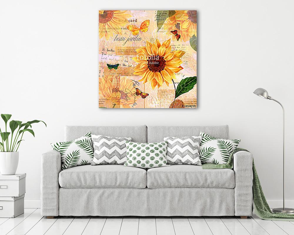 Vintage kollázs napraforgókkal és pillangókkal régi ephemerán - vászonkép, falikép vásárlás Vintage kollázs napraforgókkal és pillangókkal régi ephemerán (vászonkép) - vászonkép, falikép otthonra és irodába