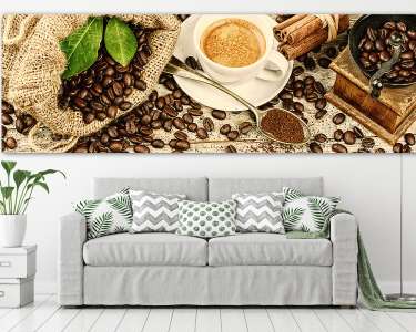 csésze forró fekete kávé régi fából készült malom csiszolóval  (vászonkép) - vászonkép, falikép otthonra és irodába