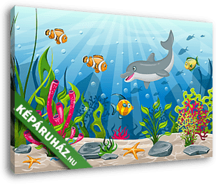 Vízalatti világ halakkal és delfinnel - vászonkép 3D látványterv