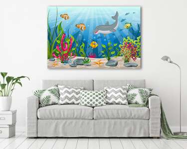Vízalatti világ halakkal és delfinnel (vászonkép) - vászonkép, falikép otthonra és irodába
