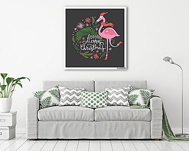 Karácsonyi illusztráció, rózsaszín flamingó (vászonkép) - vászonkép, falikép otthonra és irodába