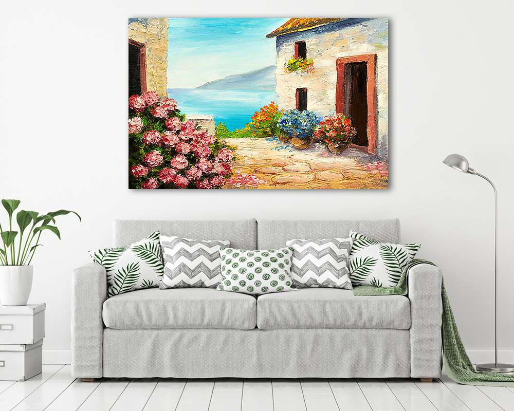 Tengerparti ház udvara virágokkal (olajfestmény reprodukció) (keretezett kép) - vászonkép, falikép otthonra és irodába