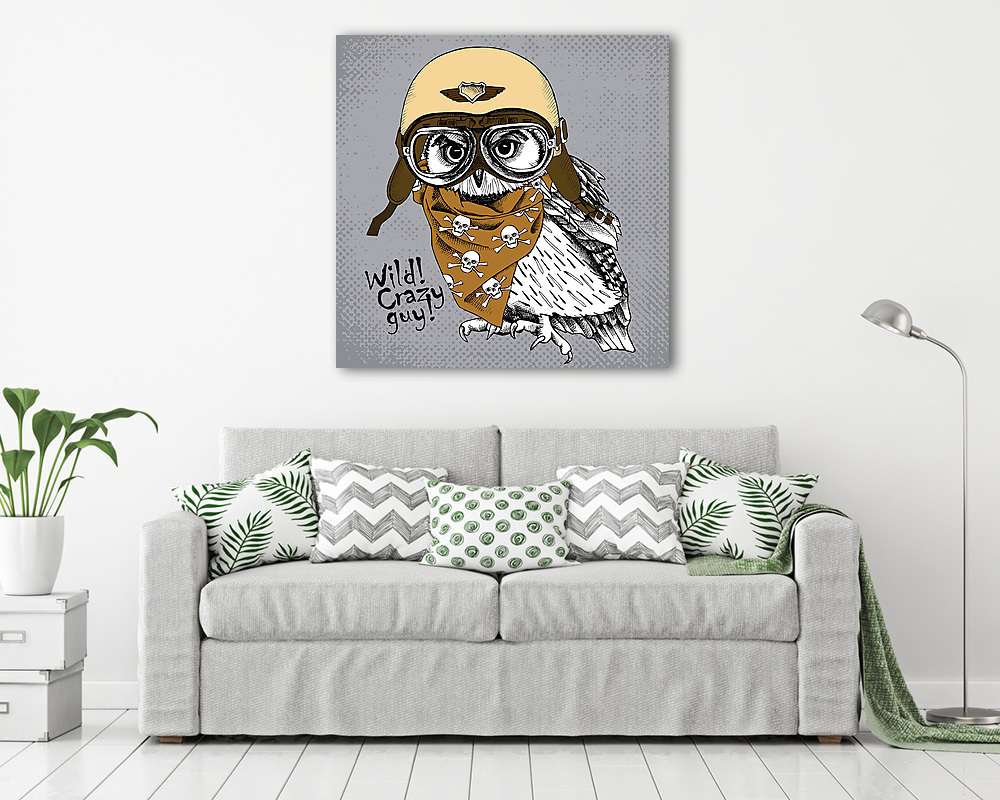 Poster with portrait of owl wearing a retro motorcyclist helmet  - vászonkép, falikép vásárlás Poster with portrait of owl wearing a retro motorcyclist helmet  (vászonkép) - vászonkép, falikép otthonra és irodába