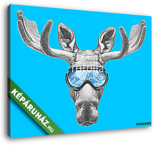 Portrait of Moose with ski goggles. Hand drawn illustration. - vászonkép 3D látványterv