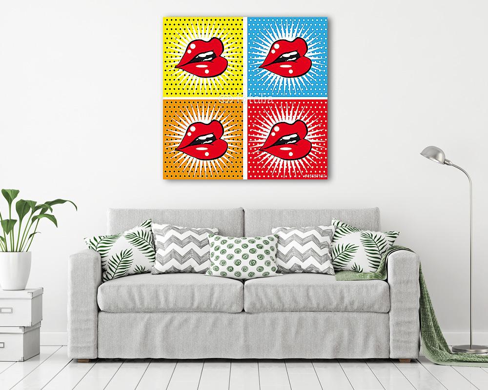 Nyílt Szexi vörös piros ajkak fogakkal pop art hátterekkel (keretezett kép) - vászonkép, falikép otthonra és irodába