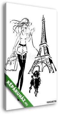divatos nő kis kutyával az Eiffel-torony közelében - vászonkép 3D látványterv