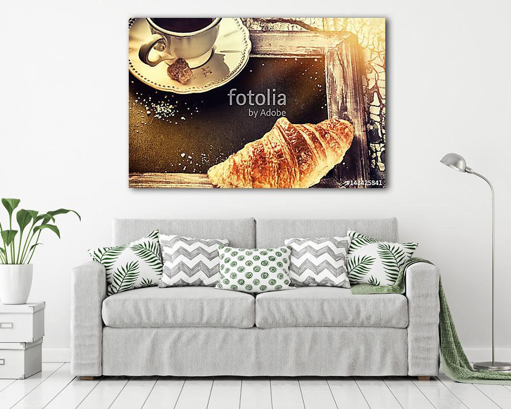 Reggeli beállítás kávéscsészével és croissant-nal. Menü koncepci - vászonkép, falikép vásárlás Reggeli beállítás kávéscsészével és croissant-nal. Menü koncepci (vászonkép) - vászonkép, falikép otthonra és irodába