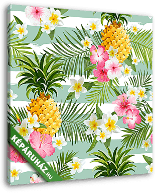 Ananászok és trópusi virágok Geometria háttér - Vintage Se - vászonkép 3D látványterv