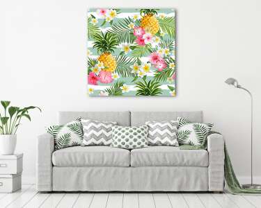 Ananászok és trópusi virágok Geometria háttér - Vintage Se (vászonkép) - vászonkép, falikép otthonra és irodába