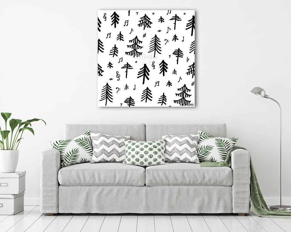 Composition with music note symbols and pine firs forest - vászonkép, falikép vásárlás Composition with music note symbols and pine firs forest (vászonkép) - vászonkép, falikép otthonra és irodába