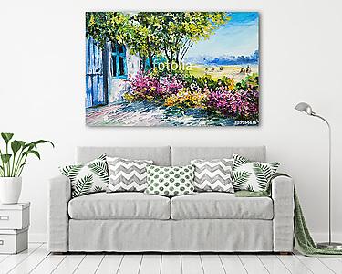 Tavaszi virágok ház udvarán (olajfestmény reprodukció) (vászonkép) - vászonkép, falikép otthonra és irodába