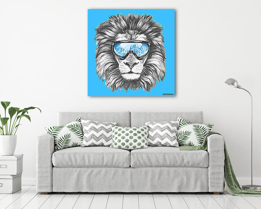 Portrait of Lion with ski goggles. Hand drawn illustration. (keretezett kép)