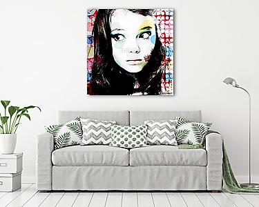 Bright colorful portrait of a thoughtful girl in modern style pop art. Computer design. Contemporary art. (vászonkép) - vászonkép, falikép otthonra és irodába
