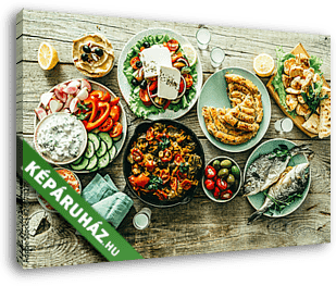 Tradícionális görög ételek, görög saláta, meze, pie, hal, tzatziki, dolma 2. - vászonkép 3D látványterv