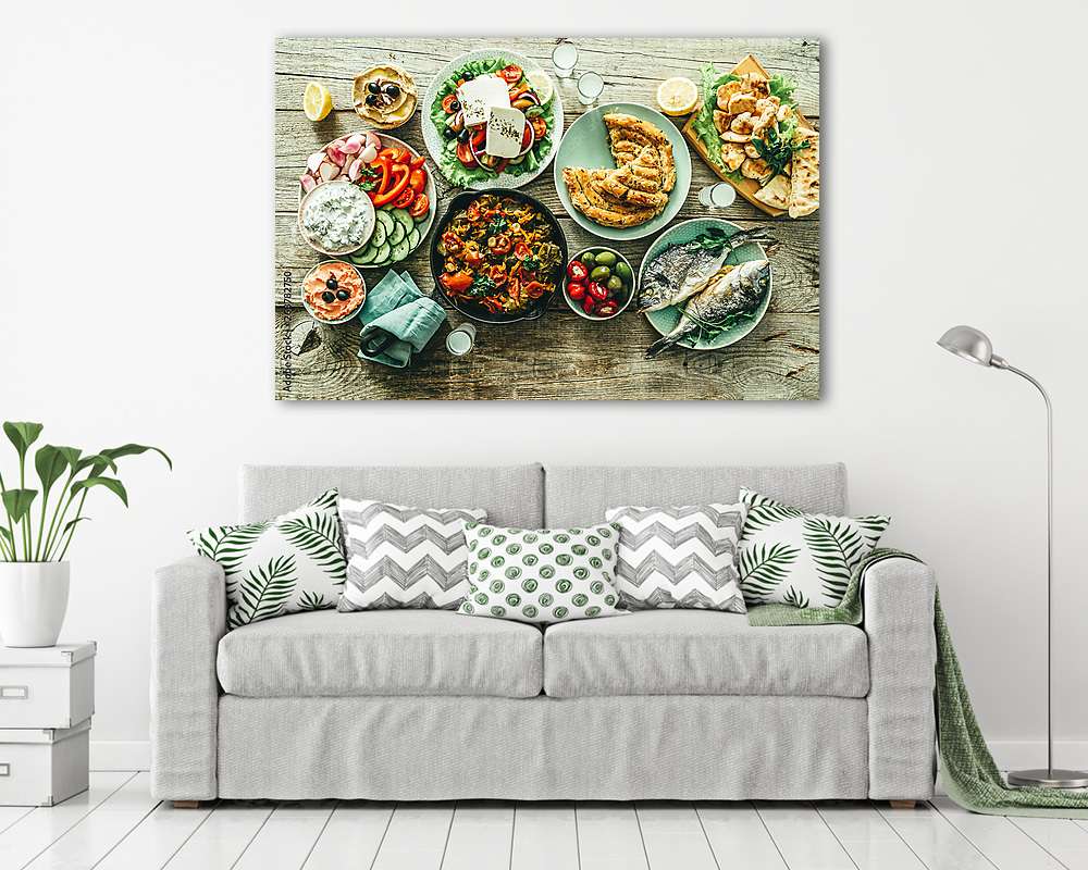 Tradícionális görög ételek, görög saláta, meze, pie, hal, tzatziki, dolma 2. (vászonkép) - vászonkép, falikép otthonra és irodába