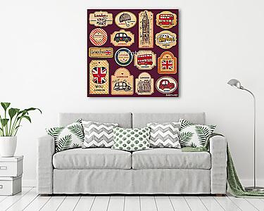 Vintage címkék és címkék londoni szimbólumokkal (vászonkép) - vászonkép, falikép otthonra és irodába