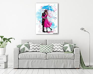 romantikus pár kék esernyő alatt. Csók. Az akvarell szép (vászonkép) - vászonkép, falikép otthonra és irodába