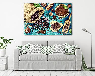 Élelmiszer háttér pörkölt kávébab és csokoládé (vászonkép) - vászonkép, falikép otthonra és irodába