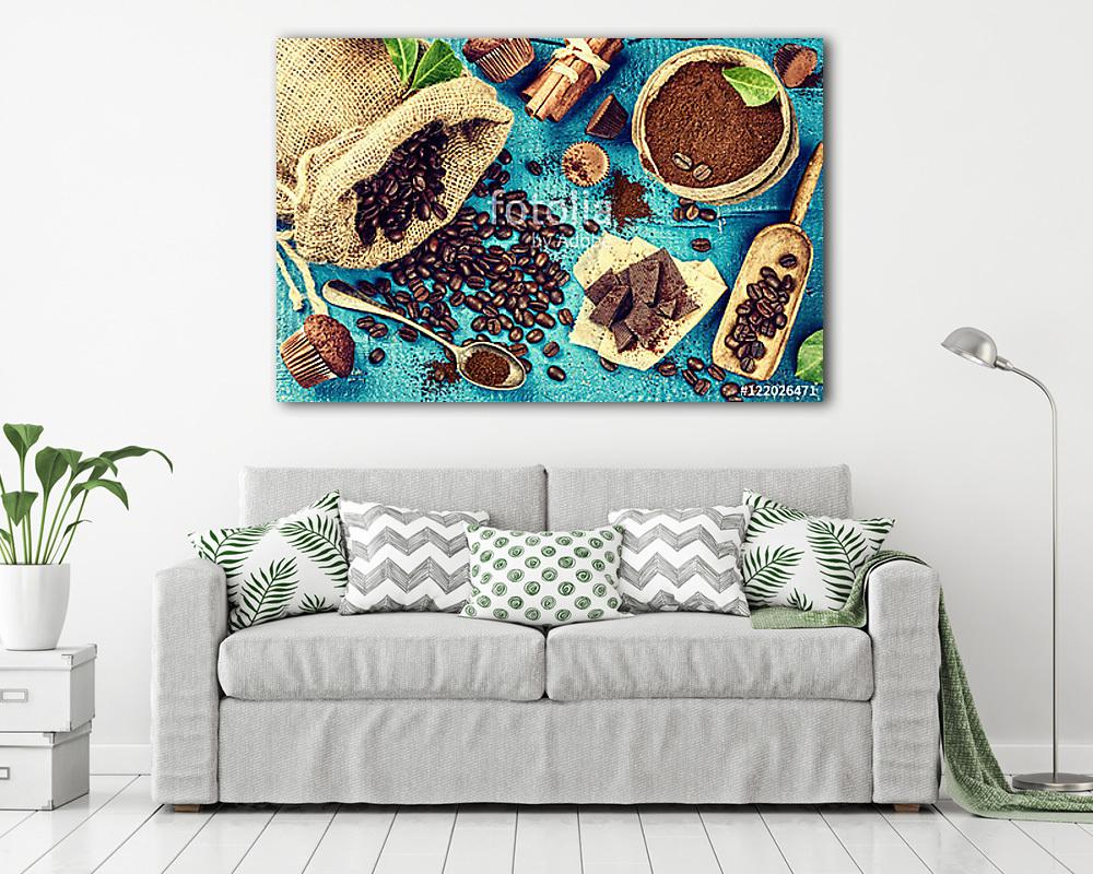 Élelmiszer háttér pörkölt kávébab és csokoládé - vászonkép, falikép vásárlás Élelmiszer háttér pörkölt kávébab és csokoládé (vászonkép) - vászonkép, falikép otthonra és irodába
