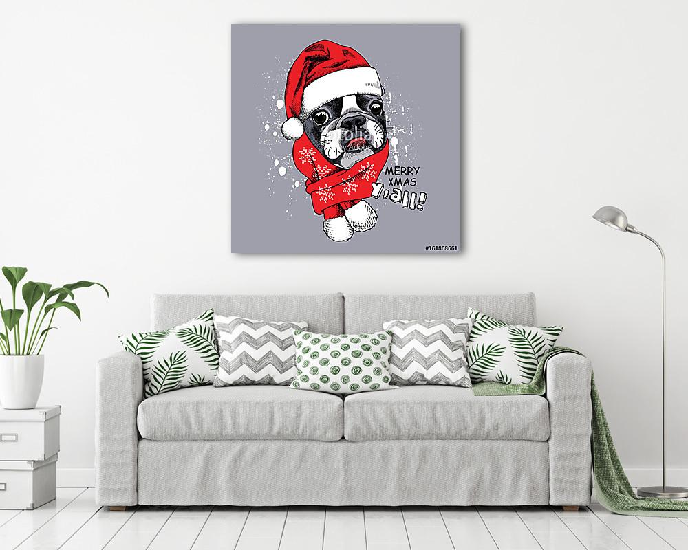 Karácsonyi buldog felirattal (keretezett kép) - vászonkép, falikép otthonra és irodába