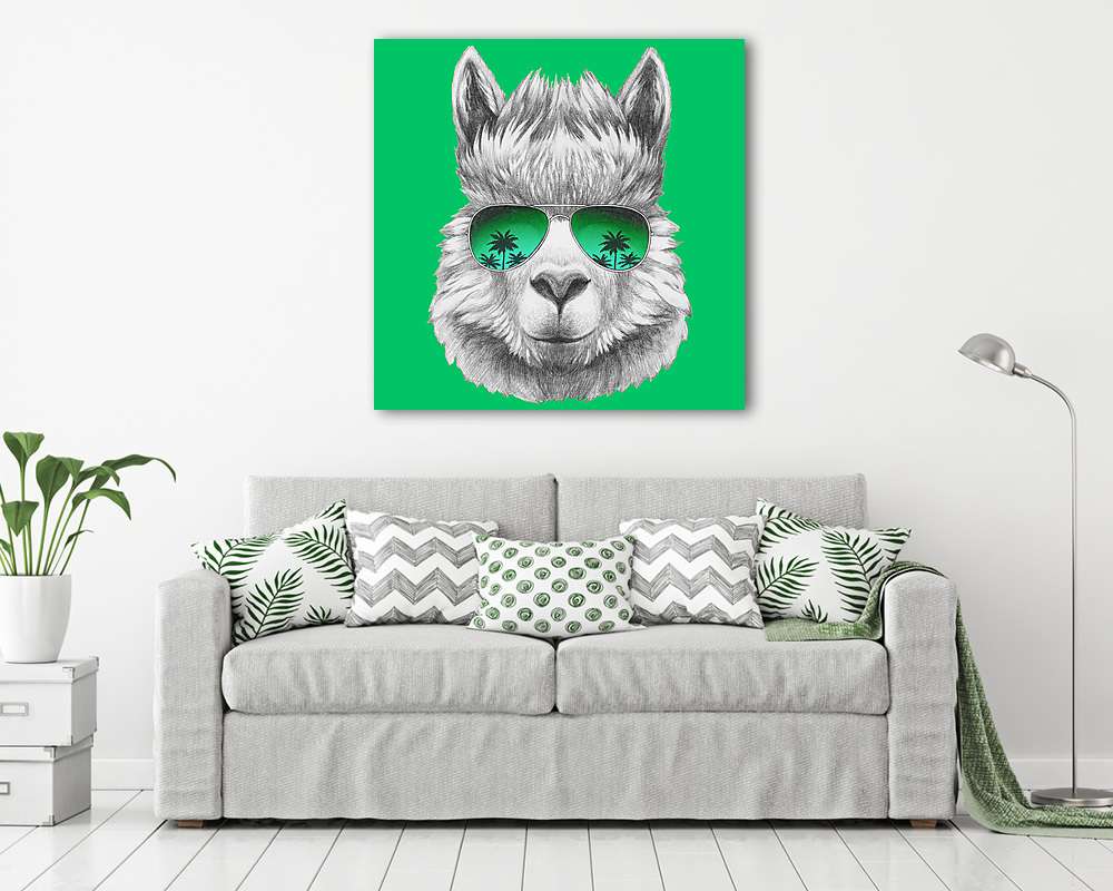 Portrait of Lama with mirror sunglasses and scarf. Hand drawn il (keretezett kép) - vászonkép, falikép otthonra és irodába