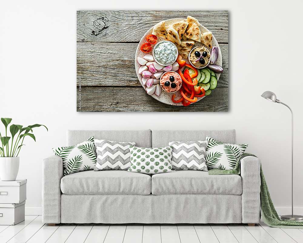 Selection of traditional greek food - salad, meze, pie, fish, tzatziki, dolma on wood background, top view (vászonkép) - vászonkép, falikép otthonra és irodába