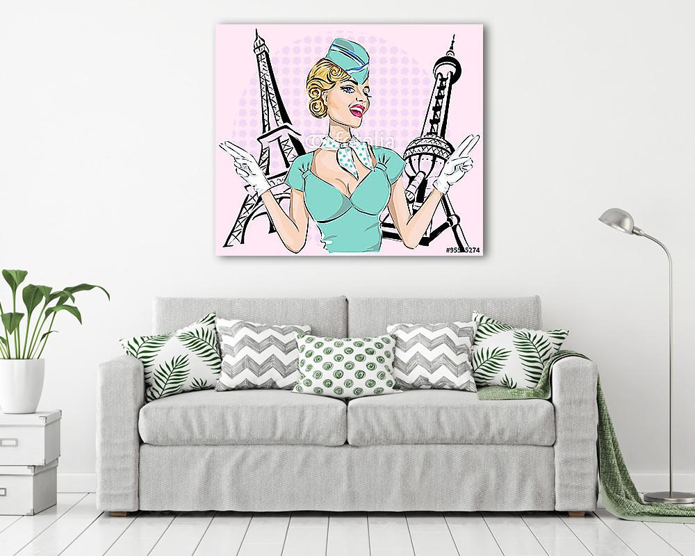 Gyönyörű szexi stewardess az Eiffel-toronnyal és a Keleti Pearl  (fotótapéta) - vászonkép, falikép otthonra és irodába