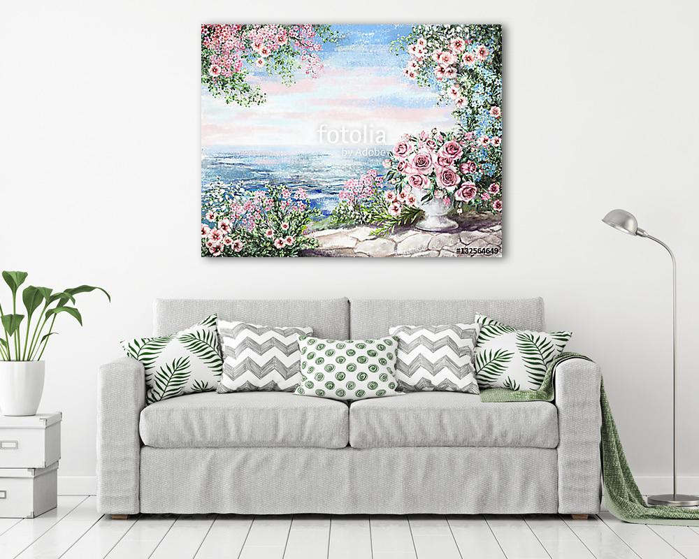 Rózsák és tenger (olajfestmény reprodukció) (fotótapéta) - vászonkép, falikép otthonra és irodába