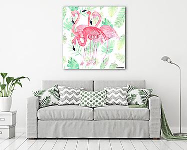Flamingók és tropikusi levelek (vászonkép) - vászonkép, falikép otthonra és irodába