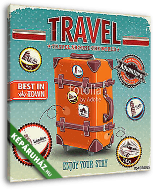 Vintage utazótáska-plakát címkével - vászonkép 3D látványterv