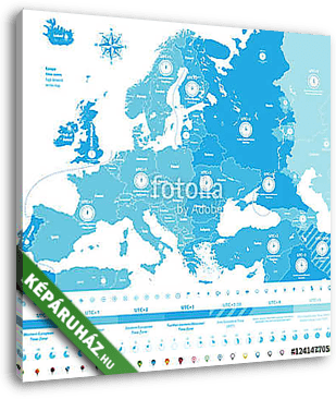 vektor Európában időzónák nagy részletes térkép helyszínnel és c - vászonkép 3D látványterv