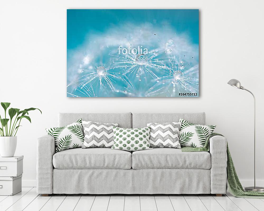 Macro of a dandelion with droplets on the delicate blue backgrou - vászonkép, falikép vásárlás Macro of a dandelion with droplets on the delicate blue backgrou (többrészes kép) - vászonkép, falikép otthonra és irodába