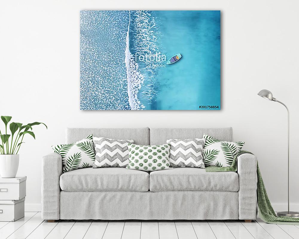 Wave and boat on the beach as a background. Beautiful natural background at the summer time from air (többrészes kép) - vászonkép, falikép otthonra és irodába