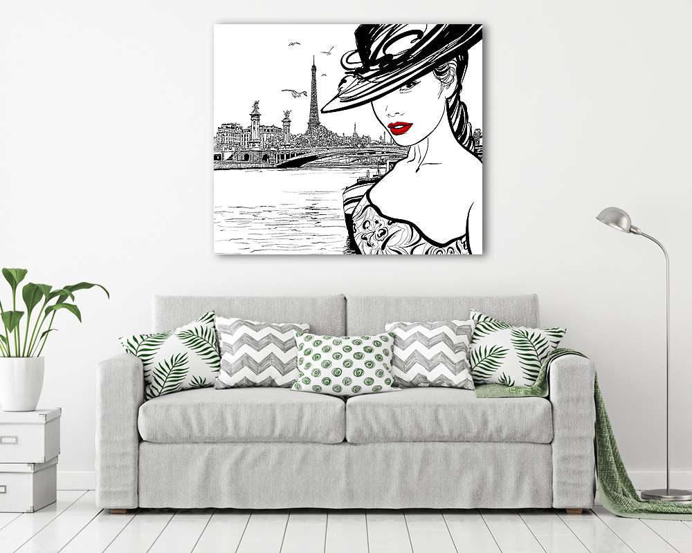 Fiatal nő a szajna folyó közelében Párizsban - vászonkép, falikép vásárlás Fiatal nő a szajna folyó közelében Párizsban (keretezett kép) - vászonkép, falikép otthonra és irodába