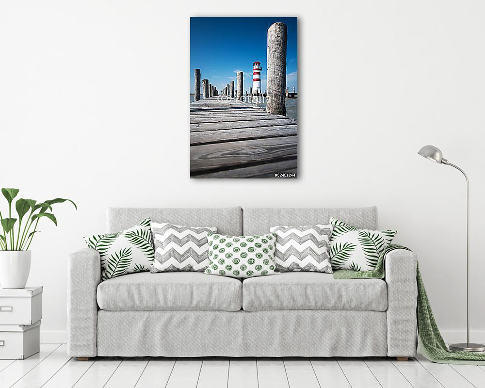 fa híd és világítótorony egy mély kék égen Podersdorfban (bögre) - vászonkép, falikép otthonra és irodába