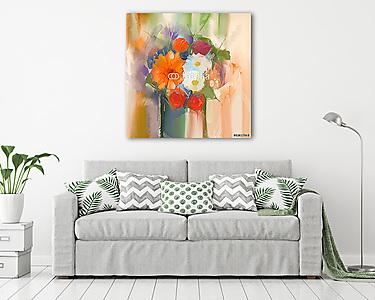 Az olajfestés százszorszép és rózsaszín virágok vázában (vászonkép) - vászonkép, falikép otthonra és irodába