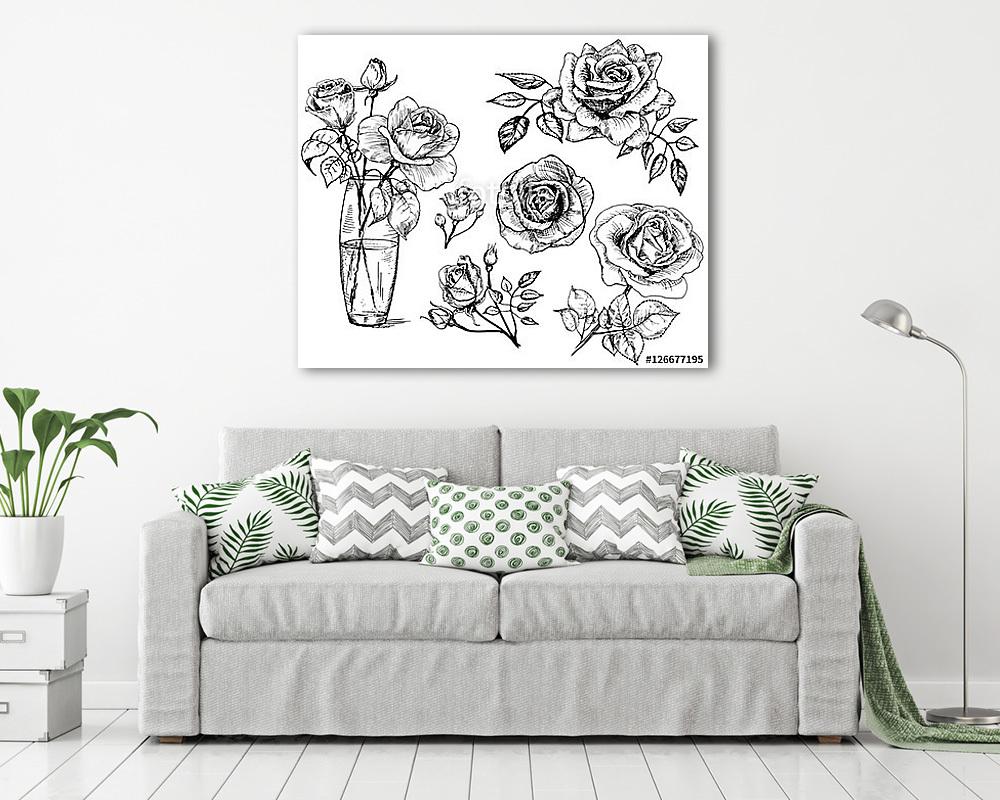 rózsák, gyűjtemény kézzel rajzolt rózsa, vektor - vászonkép, falikép vásárlás rózsák, gyűjtemény kézzel rajzolt rózsa, vektor (vászonkép) - vászonkép, falikép otthonra és irodába