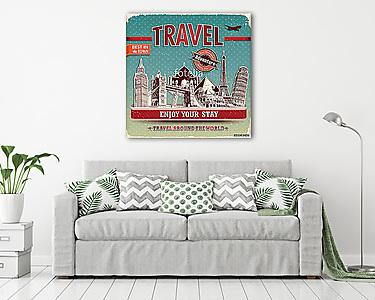 Vintage utazási plakát címkével és híres épületgel (vászonkép) - vászonkép, falikép otthonra és irodába