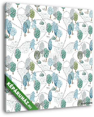 Floral seamless pattern of a tree, spruce,birch,road,wolf,mushro - vászonkép 3D látványterv