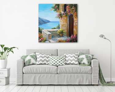 Nyári mediterrán terasz (olajfestmény reprodukció) (vászonkép) - vászonkép, falikép otthonra és irodába