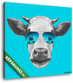 Portrait of Cow with mirror sunglasses. Hand drawn illustration. - vászonkép 3D látványterv