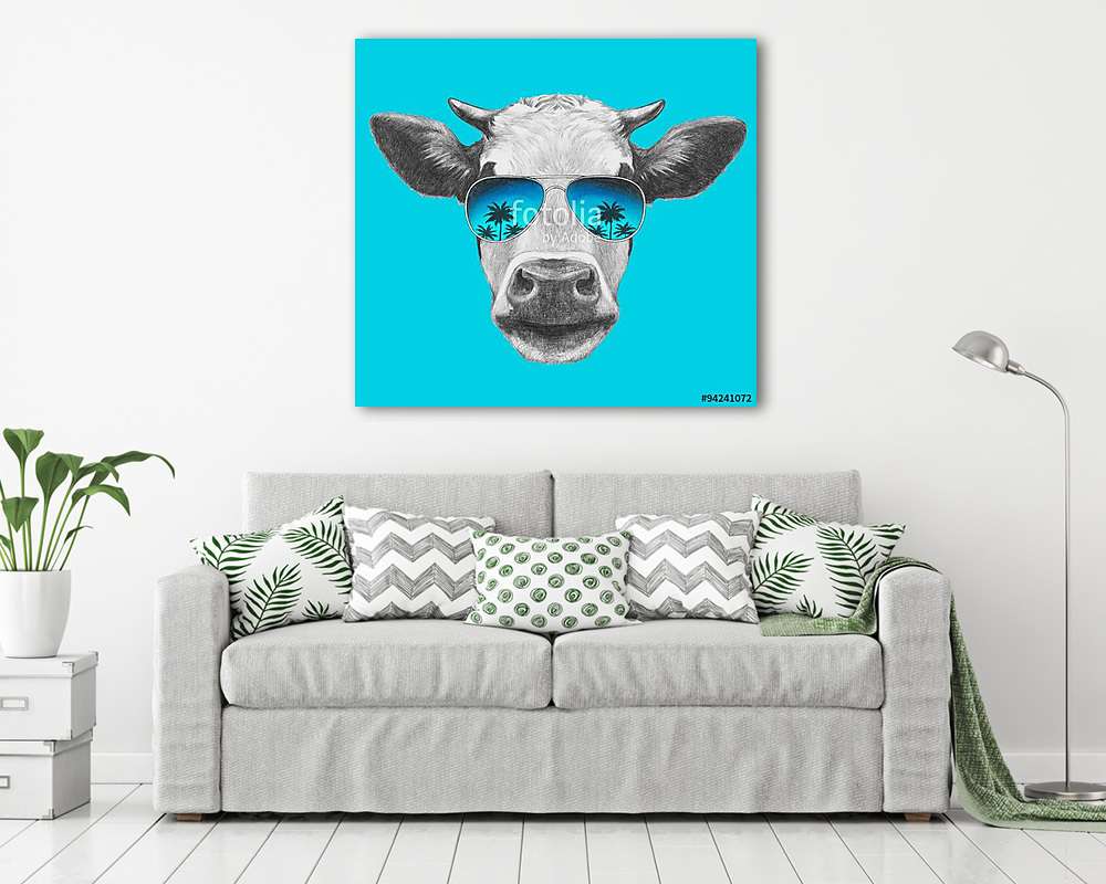 Portrait of Cow with mirror sunglasses. Hand drawn illustration. (vászonkép) - vászonkép, falikép otthonra és irodába