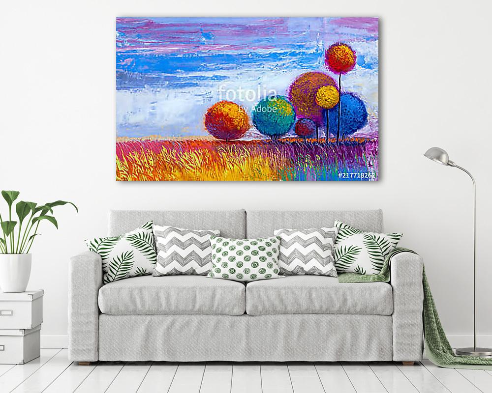 Absztrakt színes mesebeli gömb fák (olajfestmény reprodukció) - vászonkép, falikép vásárlás Absztrakt színes mesebeli gömb fák (olajfestmény reprodukció) (többrészes kép) - vászonkép, falikép otthonra és irodába