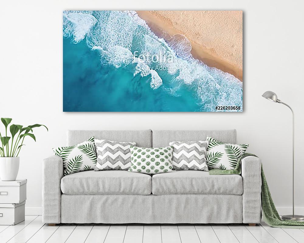 Beach and waves from top view. Turquoise water background from top view. Summer seascape from air. Top view from drone. Travel c - vászonkép, falikép vásárlás Beach and waves from top view. Turquoise water background from top view. Summer seascape from air. Top view from drone. Travel c (vászonkép) - vászonkép, falikép otthonra és irodába