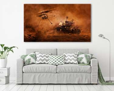 Perseverance és helikoptere porviharban a Marson (vászonkép) - vászonkép, falikép otthonra és irodába