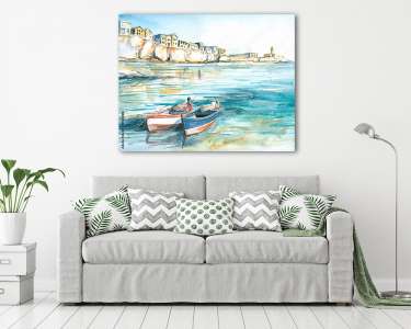 Mediterrán part, csónakokkal, vízfesték stílusban (vászonkép) - vászonkép, falikép otthonra és irodába