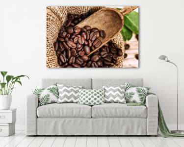 Pörkölt kávébab, zsákos zsákban, régi fadobozban (vászonkép) - vászonkép, falikép otthonra és irodába