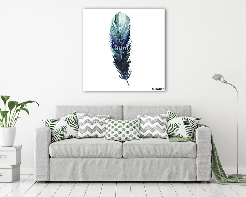 Watercolor bird feather from wing isolated. Aquarelle feather fo (fotótapéta) - vászonkép, falikép otthonra és irodába