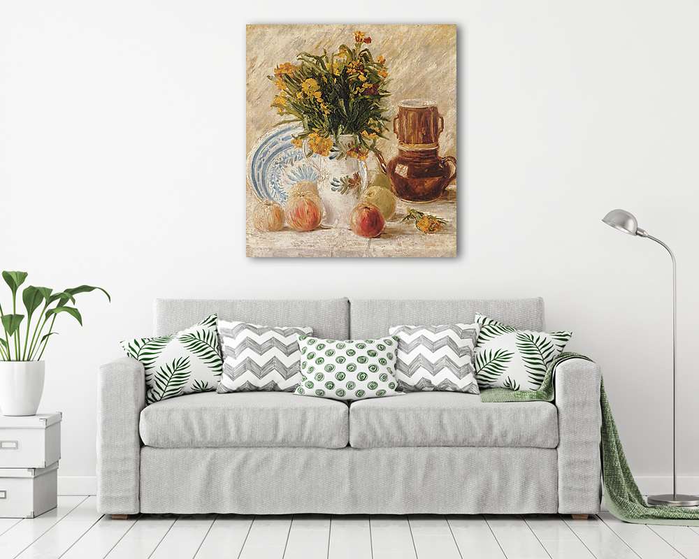 Váza virágokkal, kávéskannával és gyümölccsel (bögre) - vászonkép, falikép otthonra és irodába